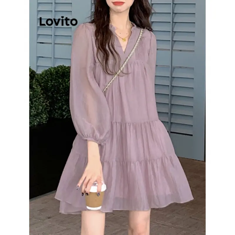 Váy Hai Lớp Xếp Tầng Cho Nữ, Dễ Thương, Trơn, Xuyên Thấu Đối, Màu Tím Nhạt, Hai Áo Khoác Nhỏ, Cánh Tay Và Gối Ngủ