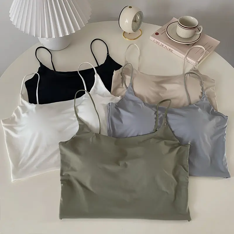 Female One Piece Camisole Fixed Cup Crop Tops Short Bra Solid Tank Top Wireless Suspended Sexy Tanktop With Chest Pads