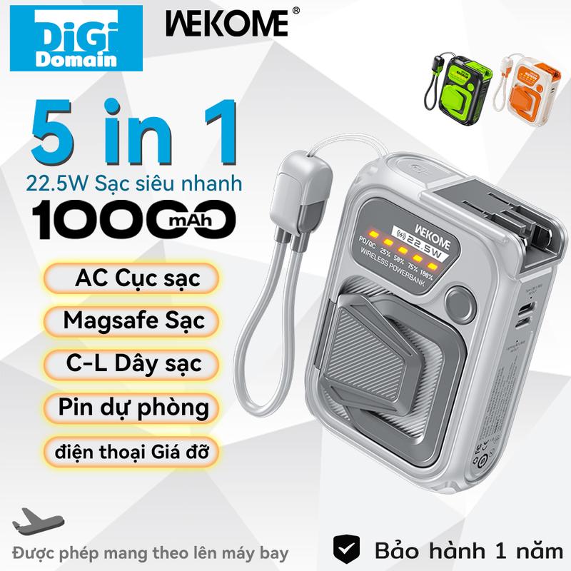 WEKOME Sạc dự phòng, Digi, Dung lượng 10000mAh, Đầu ra công suất cao 22.5W, Thiết kế đa chức năng 5 trong 1, Sạc dự phòng sạc không dây từ tính, Cáp tích hợp, Giá đỡ điện thoại,  sạc dự phòng xịn  WP-89