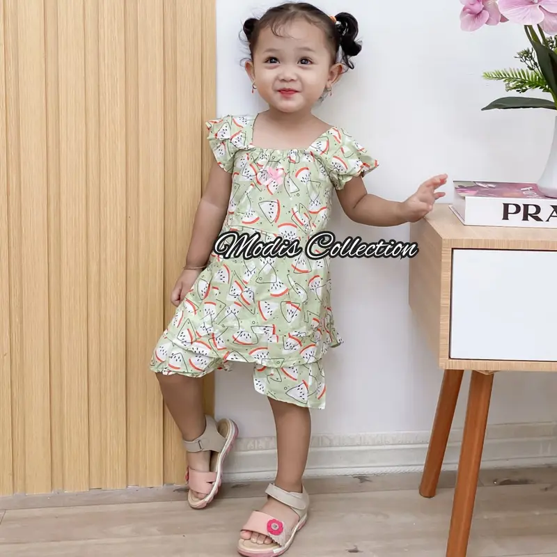 2 pcs Setelan Anak Viscose Premium Cewek Perempuan Usia 6 Bulan sampai 4 Tahun Atasan Lengan Pendek Kerah Leher U Neck Pita Dada Depan Bawahan Celana Lingkar Pinggang Karet Melingkar Panjang dibawah Lutut Bahan Tebal Nyaman Motif Kekinian Lucu Warna Warni 5