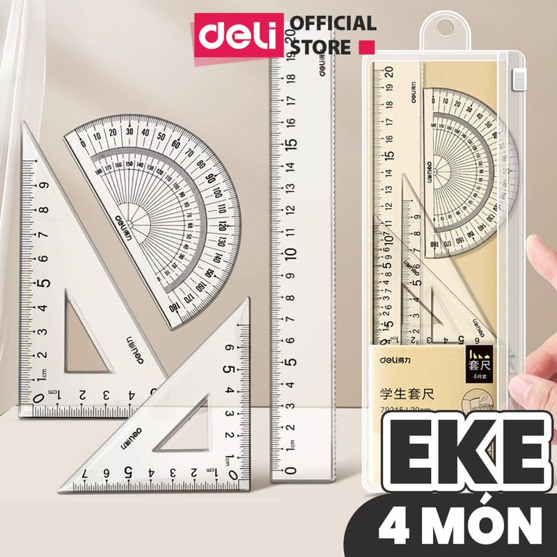 Bộ 4 dụng cụ eke học sinh Deli 1 bộ eke thước kẻ đo góc tam giác vuông Phù hợp với học sinh dân văn phòng