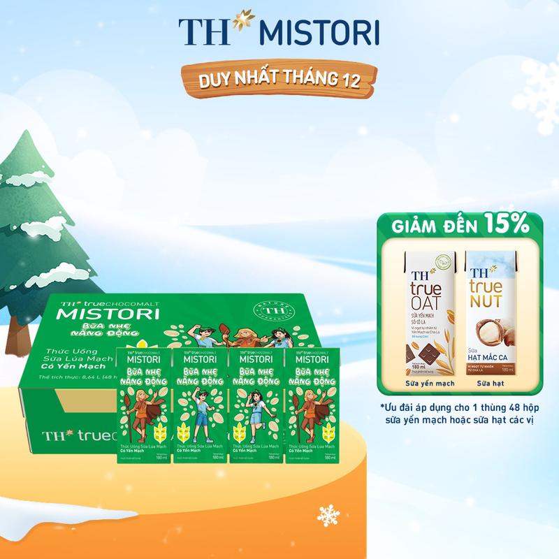   Giảm 30%-HSD 19.1.2026  Thùng 48 hộp thức uống Sữa Lúa mạch Có Yến mạch TH true CHOCOMALT MISTORI 180 ml  180 ml x 48  