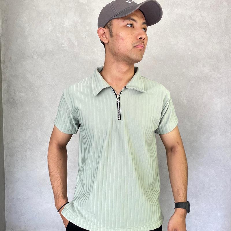 Kaos polo shirt zipper pria Korean Knit baju Polo Shirt Pria Salur Besar resleting Dengan Cutting Slim Fit Kerah Pendek polos half zipper 3