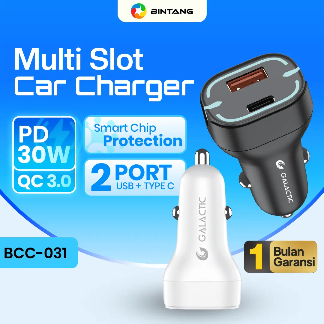 GALACTIC BCC-031 Car Charger Mobil Fast Charging 30W  Dual Port USB + Type C Smart Chip Protection