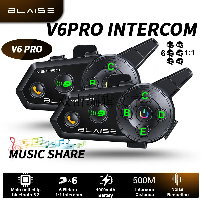 BLAISE V6 PRO Motorcycle bluetooth Intercom Helmet Bluetooth Headset buat 6 Riders Interphone dengan Musik Sharing Audio Electronic Earbud Headphones Wireless
