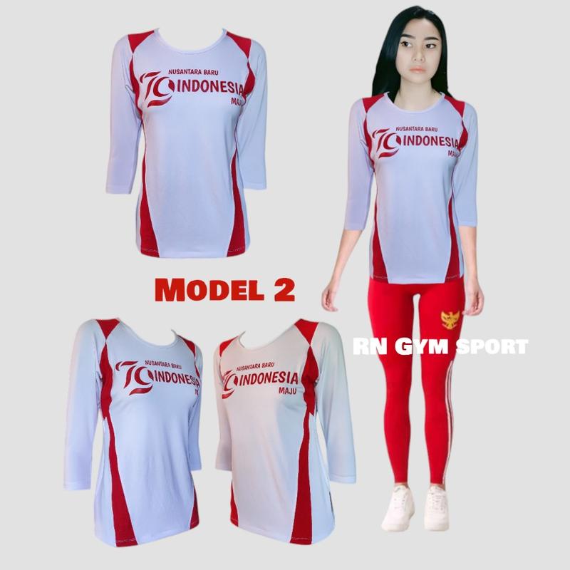 Product Introduction of baju kaos senam wanita atasan olah raga merah putih bahan elastis 4
