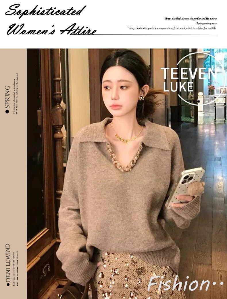 Product Introduction of Áo Len Dệt Kim, Phong Cách Cổ Điển Dệt Ve Áo, Dài Tay, Dành Cho Nữ, Thích Hợp Cho Mùa Đông, Áo Len Áo Chui Đầu Lười Biếng Và Rộng Vừa Vặn, Thiết Kế Độc Đáo Và Thanh Lịch, Áo Dễ Phối Đồ 1