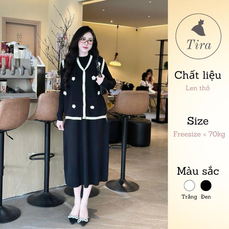 SV1701 Set váy len bầu kèm áo gile hoa trà dịu dàng sang chảnh