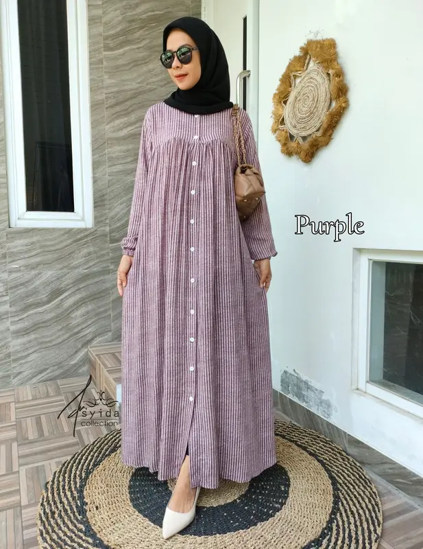 Dress Rayon Salur Gamis Rayon Kacing Full Kancing Aktif Gamis Busui Kancing Muslim Rayon Katun Nyaman Wanita Mewah 1