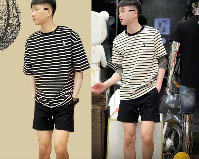  Áo thun nam nữ unisex phối sọc ngang phong cách  thêu hình boy phố hiện đại . Chất vải thoáng mát  form áo dễ phối đồ mối khi dạo phố  Menswear Cổ Tròn 