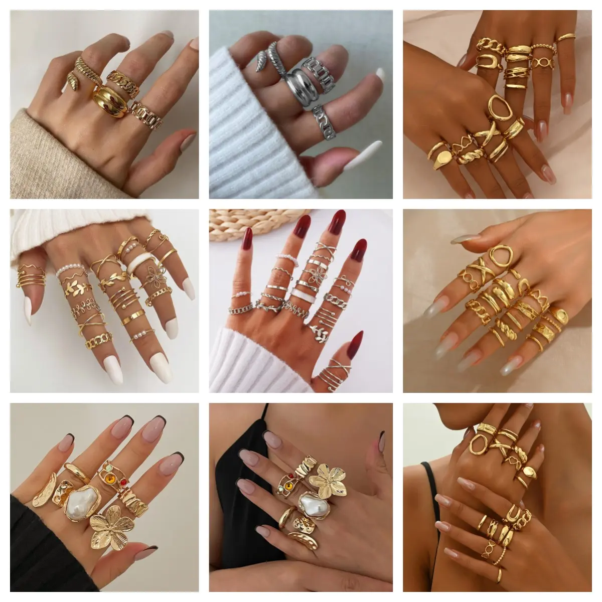 22 Set  Pcs Cincin Emas Mewah Wanita Motif Kupu-Kupu Mutiara Kristal Tetes Minyak