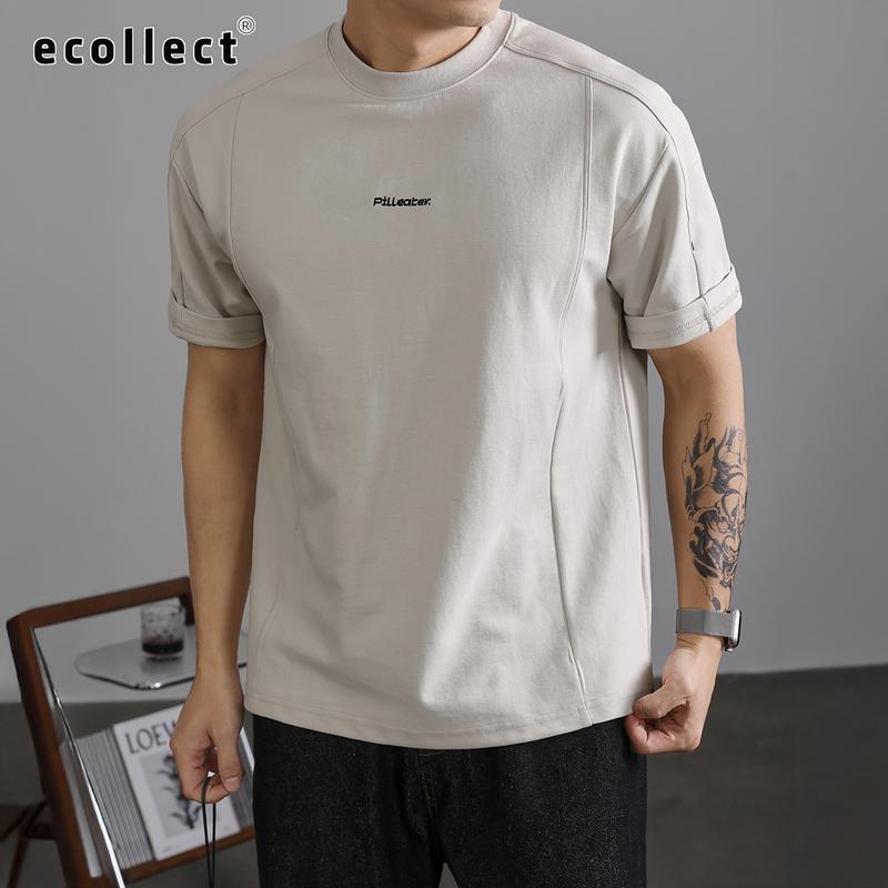 Áo Thun Nam Tay Ngắn ECOLLECT CT03 Phom Rộng Cổ Tròn, Áo Phông Cotton Thêu Chữ Phối Viền Thời Trang Hè