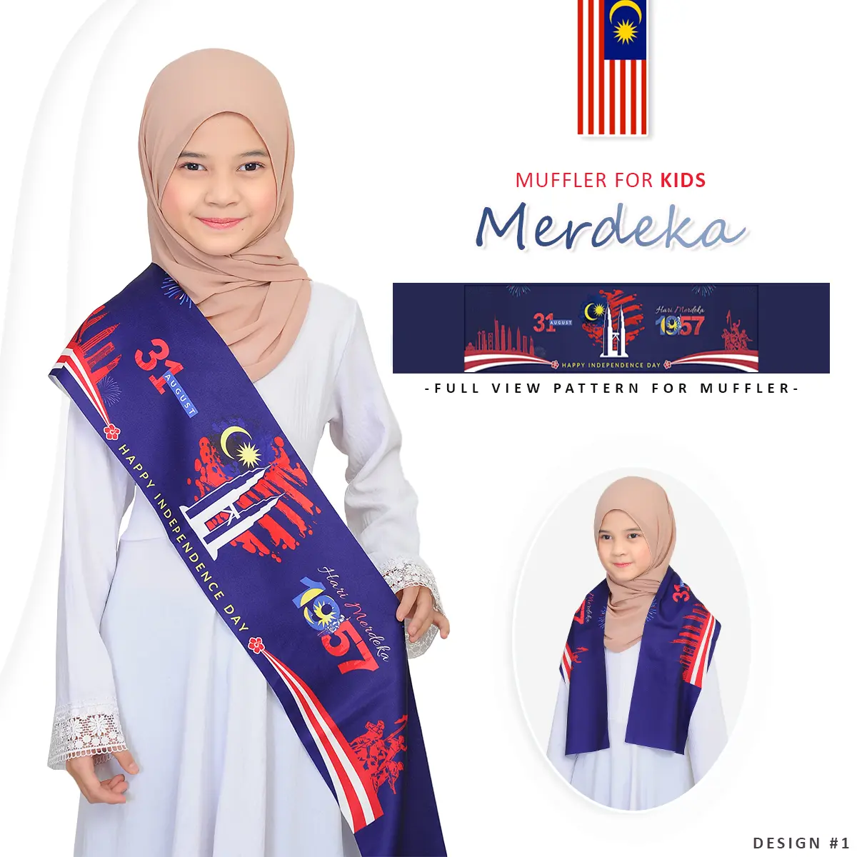 Muffler Scarf Merdeka Budak Modren Viral Merdeka 2024 Stylish Hijab Kids Dusty Pink Costume selendang merdeka  kanak2