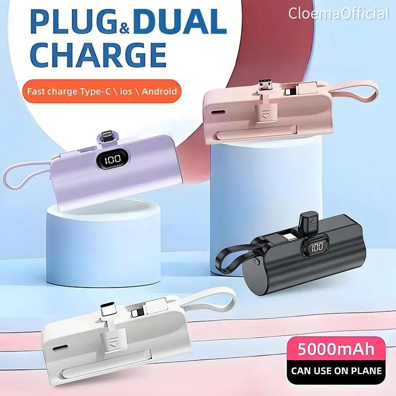 5000mAh Mini Portable Powerbank  Mini untuk iP Android Micro USB dengan LED Display dan Kabel Bawaan - Purple Jam powerbank  robot Komputer power  bank