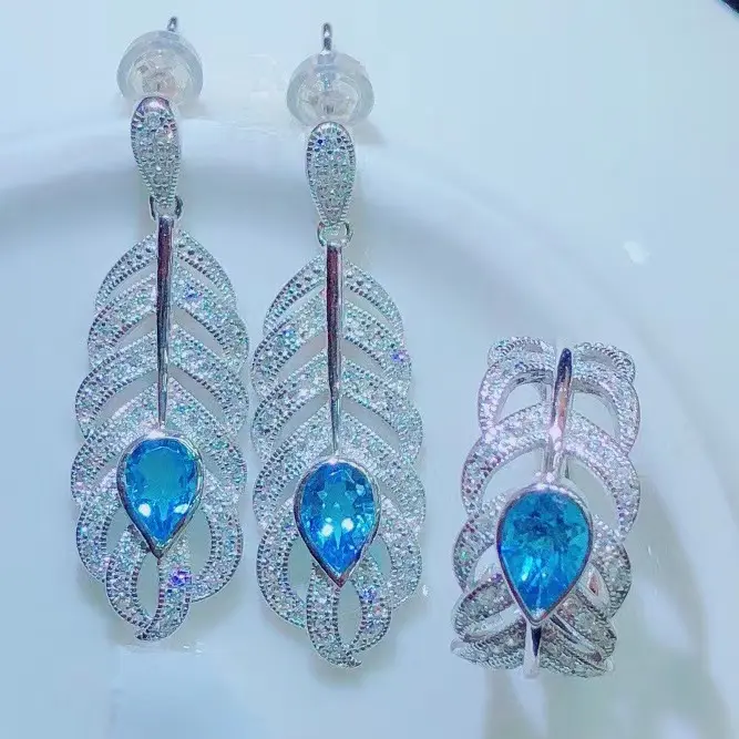 LF9LF30 Tear Drop Shaped Blue Topaz S925 Leaf Band Ring and Earrings Set