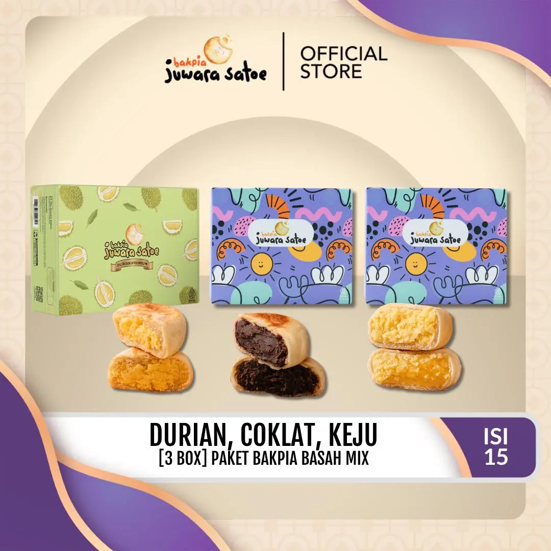 JUWARA SATOE [ 3 BOX ] PAKET BAKPIA BASAH MIX COMBO PREMIUM [ DURIAN, COKLAT, KEJU ] - OLEH-OLEH KHAS JOGJA