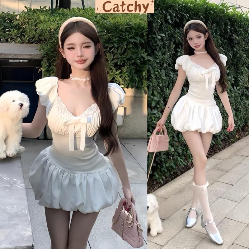 Đầm Bí Dáng Ngắn Tay Phồng Tiểu Thư Đính Nơ Xinh Xắn Thích Hợp Đi Tiệc Đi Chơi CATCHY