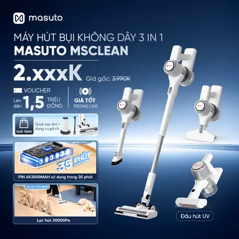 Máy Hút Bụi Không Dây Cầm Tay Masuto Msclean 260W, Lực Hút 30000Pa, 5 Đầu Hút Chuyên Biệt, Pin Lithium-Ion 6x3000mAh, Hệ Thống Lọc HEPA Kép, Màn Hình LED - BESTSELLER,Hút Bụi Giường Nệm Đệm Sofa