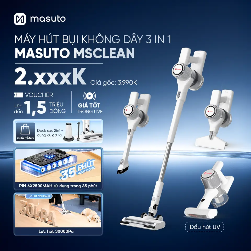 Máy Hút Bụi Không Dây Cầm Tay Masuto Msclean 260W, Lực Hút 30000Pa, 5 Đầu Hút Chuyên Biệt, Pin Lithium-Ion 6x3000mAh, Hệ Thống Lọc HEPA Kép, Màn Hình LED - BESTSELLER,Hút Bụi Giường Nệm Đệm Sofa