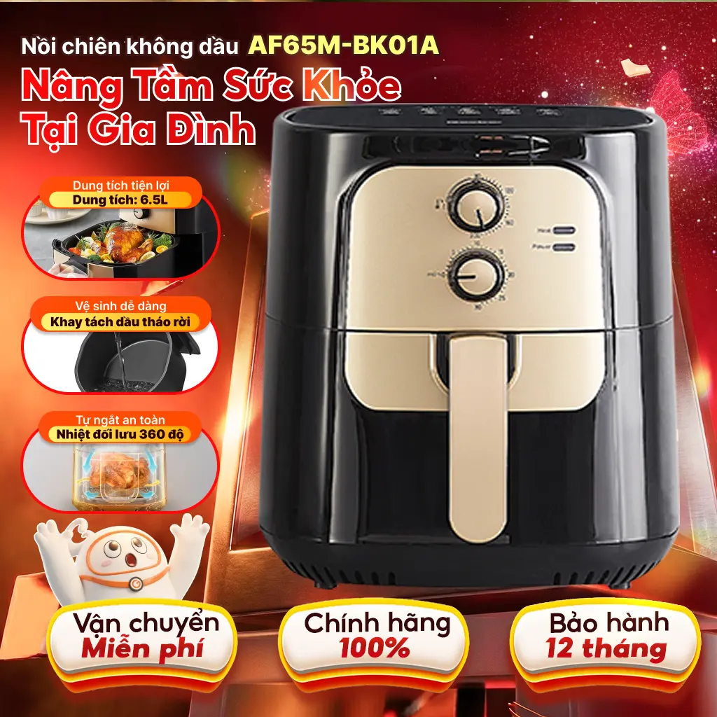 Luxury | Nồi Chiên Không Dầu Gaabor AF65M-BK01A Dung Tích 6.5L Công Suất 1400W Lòng Chống Dính Điều Khiển Cơ Học Nấu Ăn Nhanh Gọn Thơm Ngon dùng cho gà, vịt nguyên con dưới 1600g Nấu ăn cooker noi chien gaabor nướng lò nướng hấp sấy air fryer