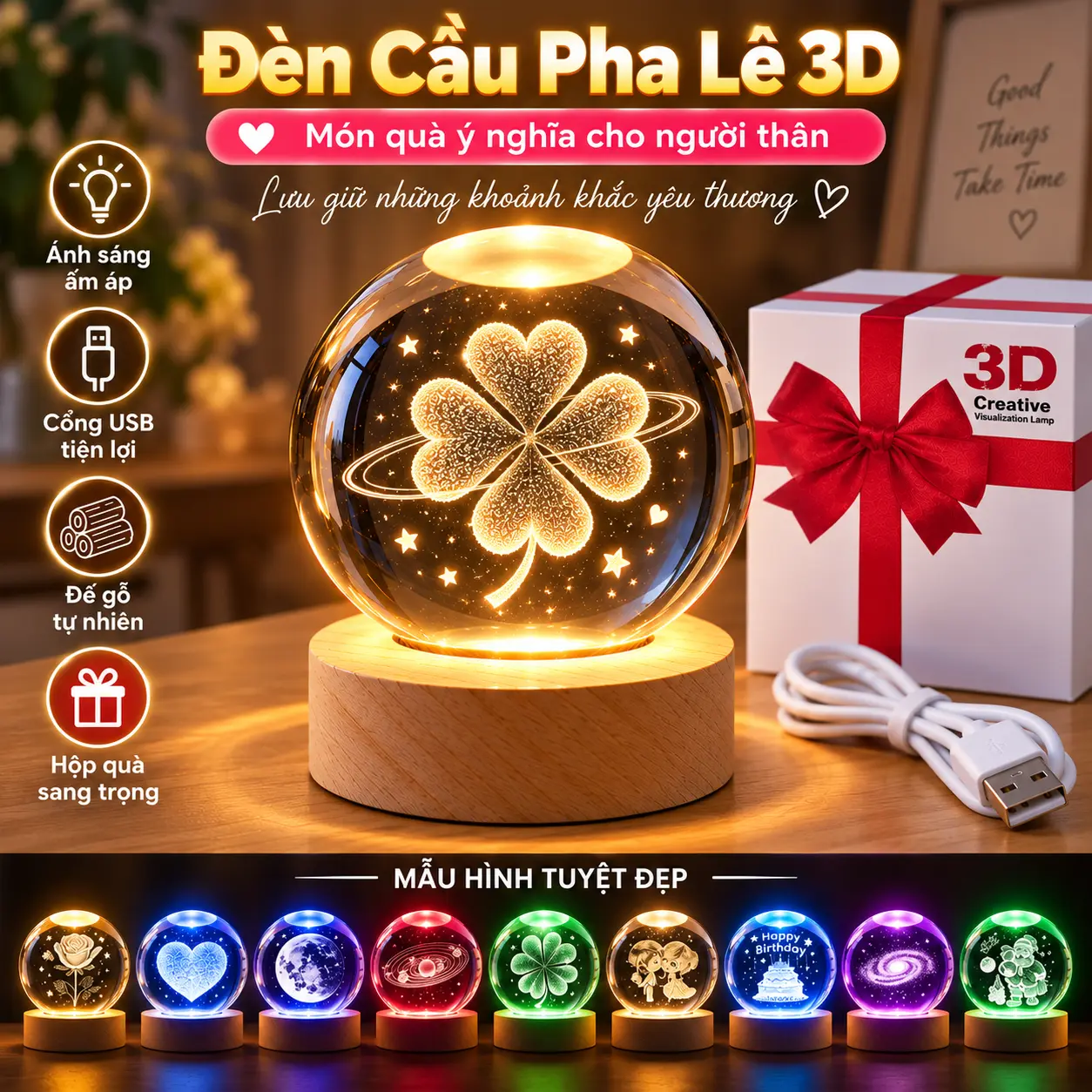Quà sinh nhật chị em thân mến 3D Night Light Crystal Ball Glowing Clear Glass Ball Trang trí nội thất Four Leaf Grass Giáng sinh Quà tặng