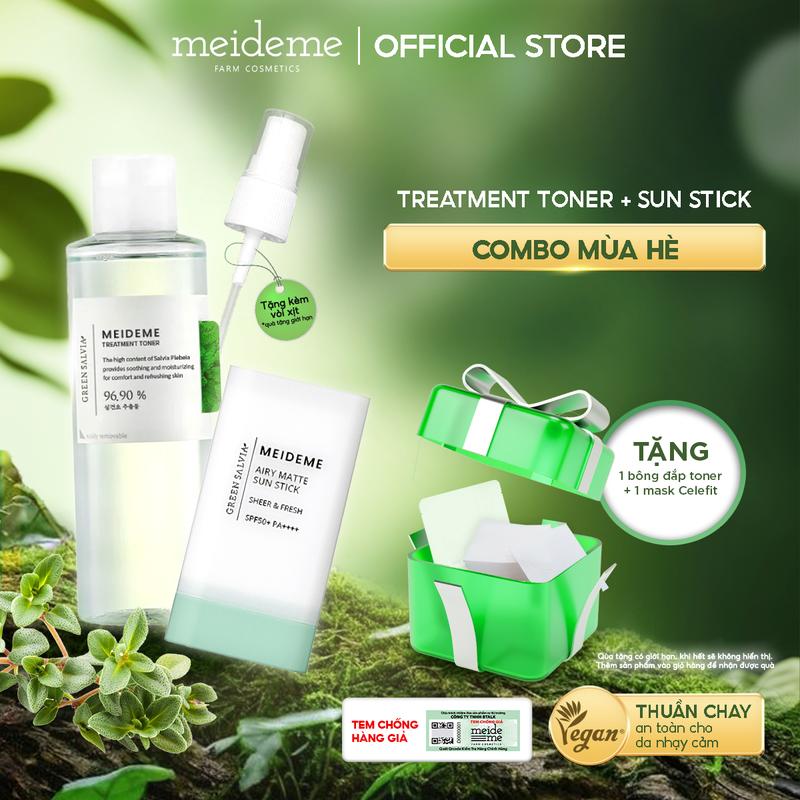 Combo mùa hè Toner MEIDEME Green Salvia Treatment Toner 200ML + Kem chống nắng MEIDEME Green Salvia Airy Matte Sun Stick 18gram Tặng 1 Vòi Xịt Phun Sương +1 Bông Đắp Toner + 1 Mask Ngẫu Nhiên