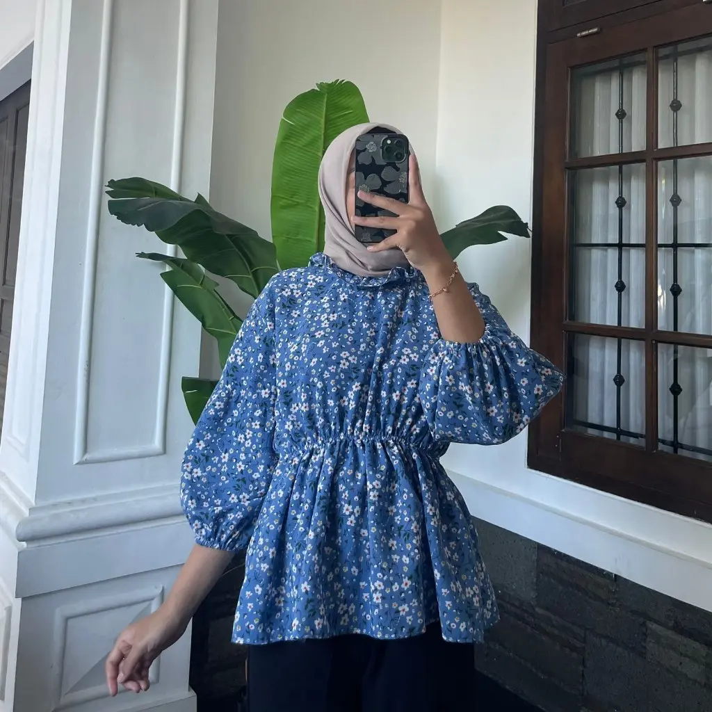 OLLA BLOUSE I BLOUSE KOREAN KERUT PINGGANG I BLOUSE  MOTIF BUNGA SERUT I ATASAN WANITA PANJANG Fit Wolfis
