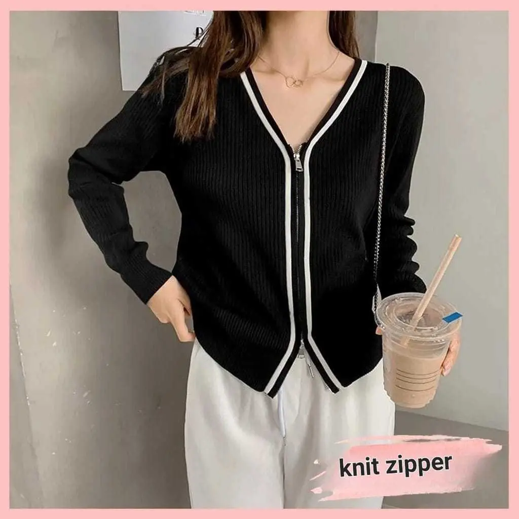 Korean Outer Knit Zip Shirt Blouse Long Sleeve Atasan Wanita - Women Shirt Cardigan Cewek