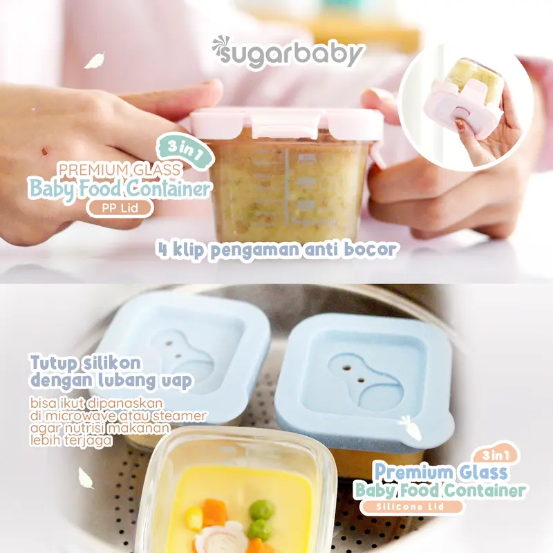 Sugar Baby Premium Glass Jar Baby Food Container 3 pcs BPA FREE / Peralatan Makan Bayi MPASI / Wadah Mangkok Bayi Silicone Lid & Plastic Lid 6