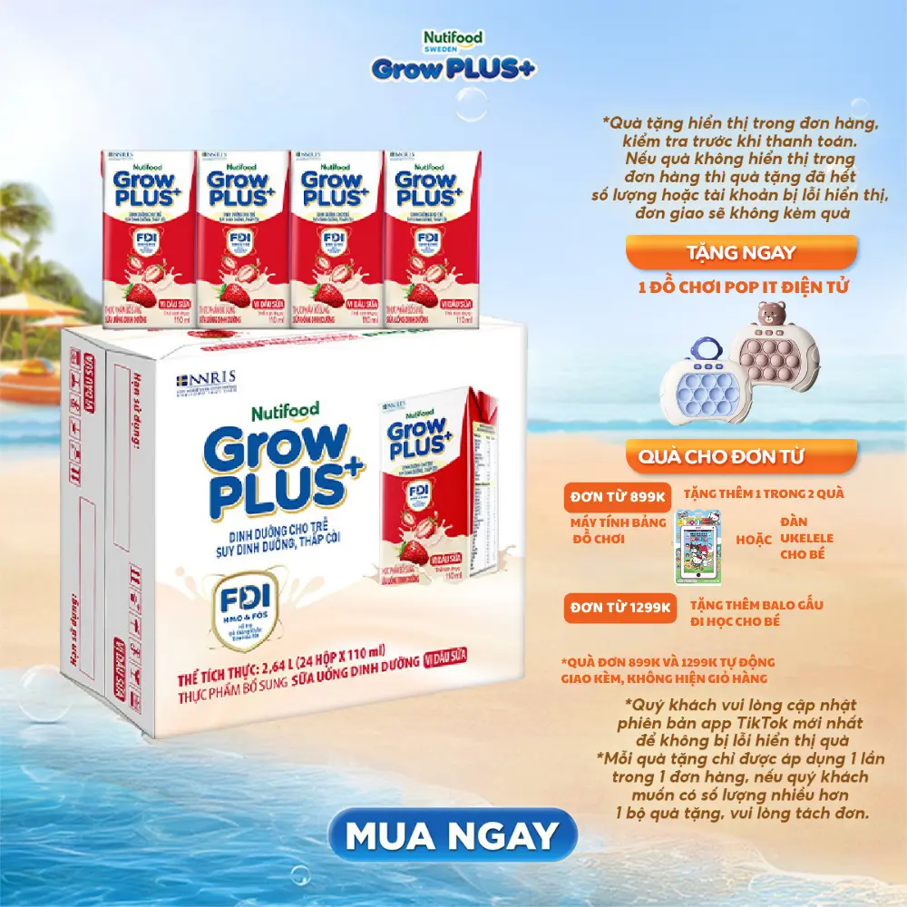 [VỊ DÂU SỮA/CHUỐI SỮA] Thùng 24 hộp Sữa bột pha sẵn Nutifood GrowPLUS+ Vị Dâu Sữa/ Chuối sữa hộp 110ml (24 hộp x 110ml)