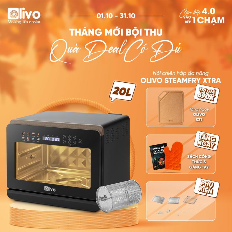 Nồi Chiên Hơi Nước OLIVO SteamFry Xtra 20L – Bảng Điều Khiển OLED Tiếng Việt, 70 Chức Năng Cài Sẵn, Bộ Phụ Kiện Inox 304, Công Nghệ Hấp Nano Steam & Chiên Eco Fry, Bảo Hành 24 Tháng, Chính Hãng