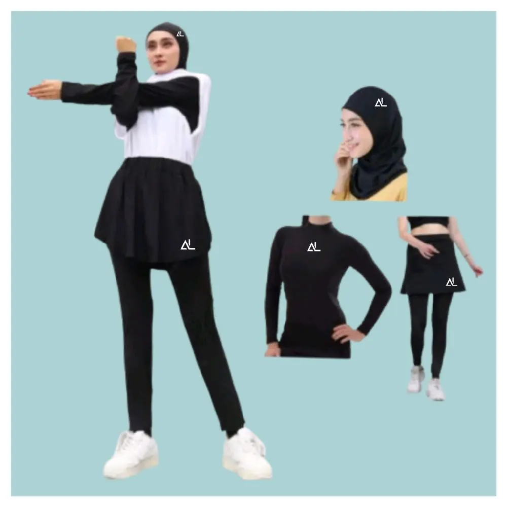 Stelan Olahraga Wanita Baju Manset Lengan Panjang Rok Legging Jilbab Sport Senam Lari Voly Gym Yoga Kaos Cewe