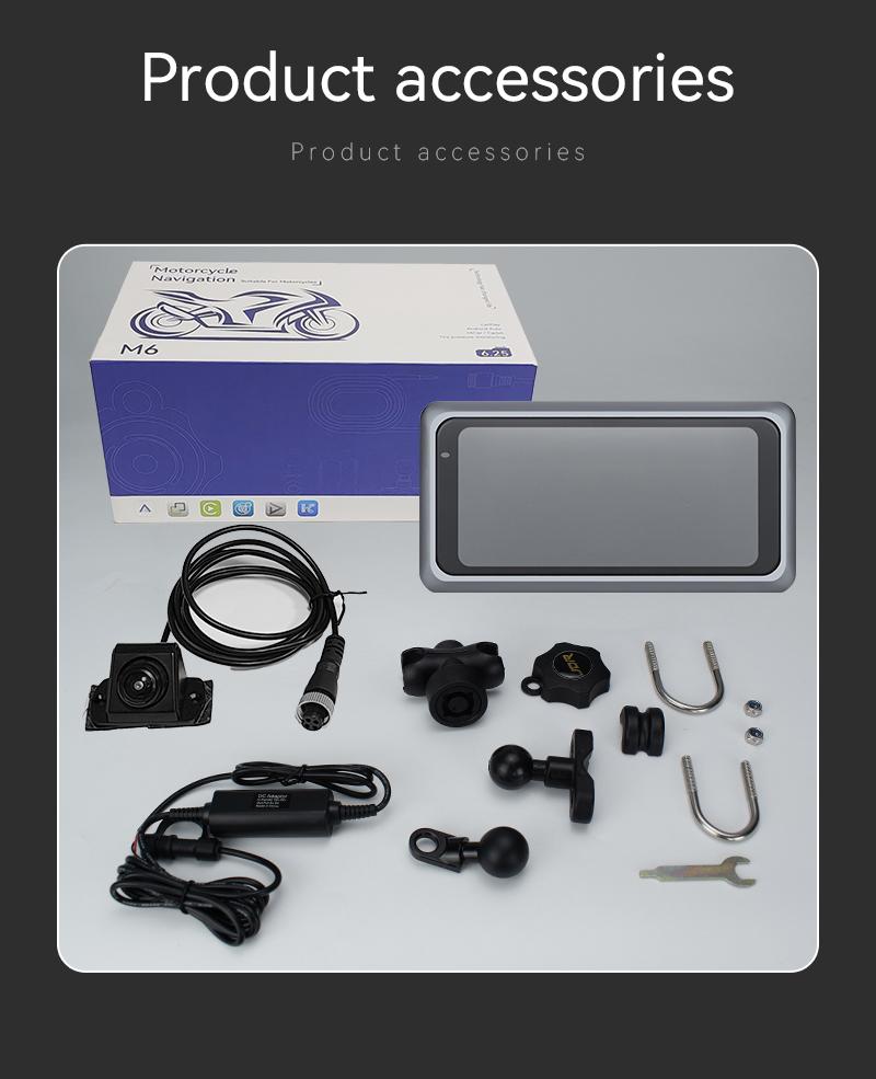 Product Introduction of M6 Motorcycle Portable GPS Navigation Dash Cam Recorder Wireless Apple Carplay Android Auto 6.25 Inch Touch Screen IPX7 Waterproof Tire Pressure System TPMS Metal body 30
