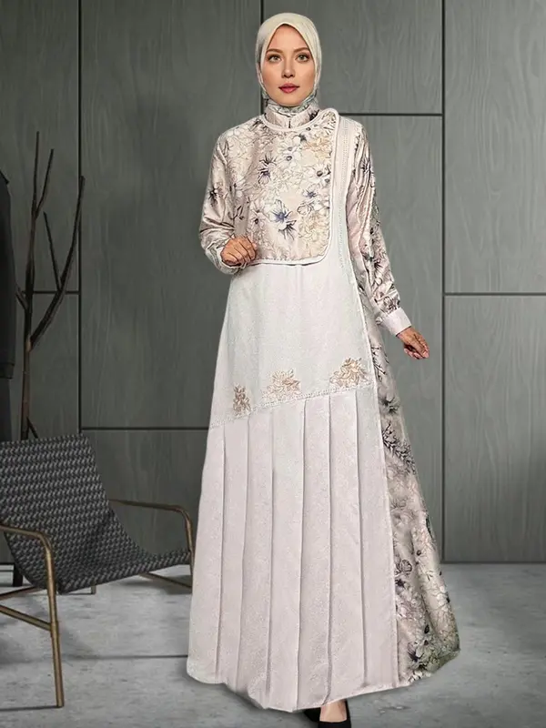 Gamis Jumbo Elegan Terbaru Kain Silk Motif Bunga Mewah Wanita Muslim  Dress LD UP TO 140 - Baju Busui & Wudhu Friendly 1