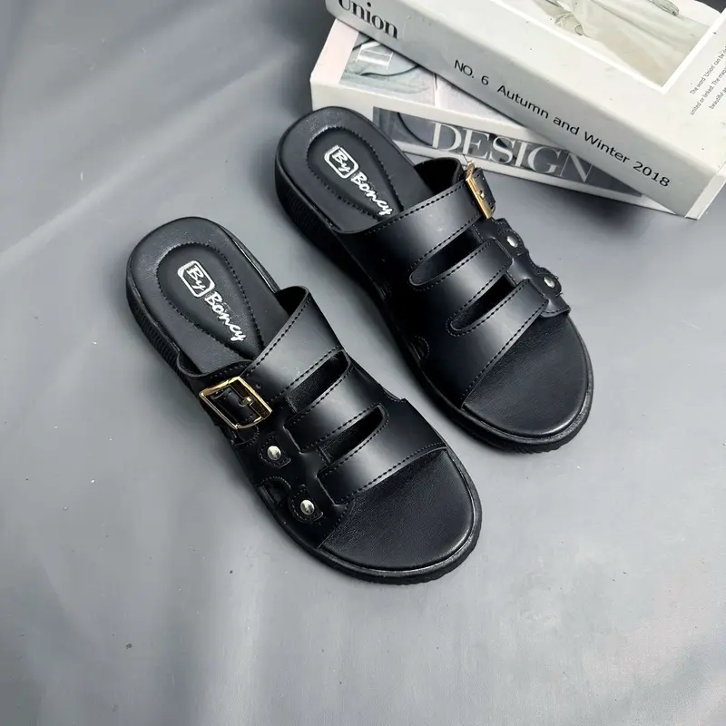 Sandal wedges wanita dewasa terbaru kekinian sendal selop kondangan acara formal Hitam Karet 2