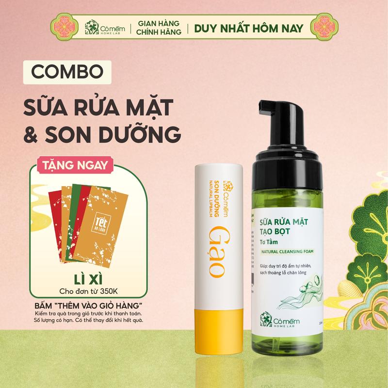  Combo Sữa Rửa Mặt Tạo Bọt Và Son Dưỡng Môi Thiên Nhiên Giảm Thâm Nẻ Cỏ Mềm 