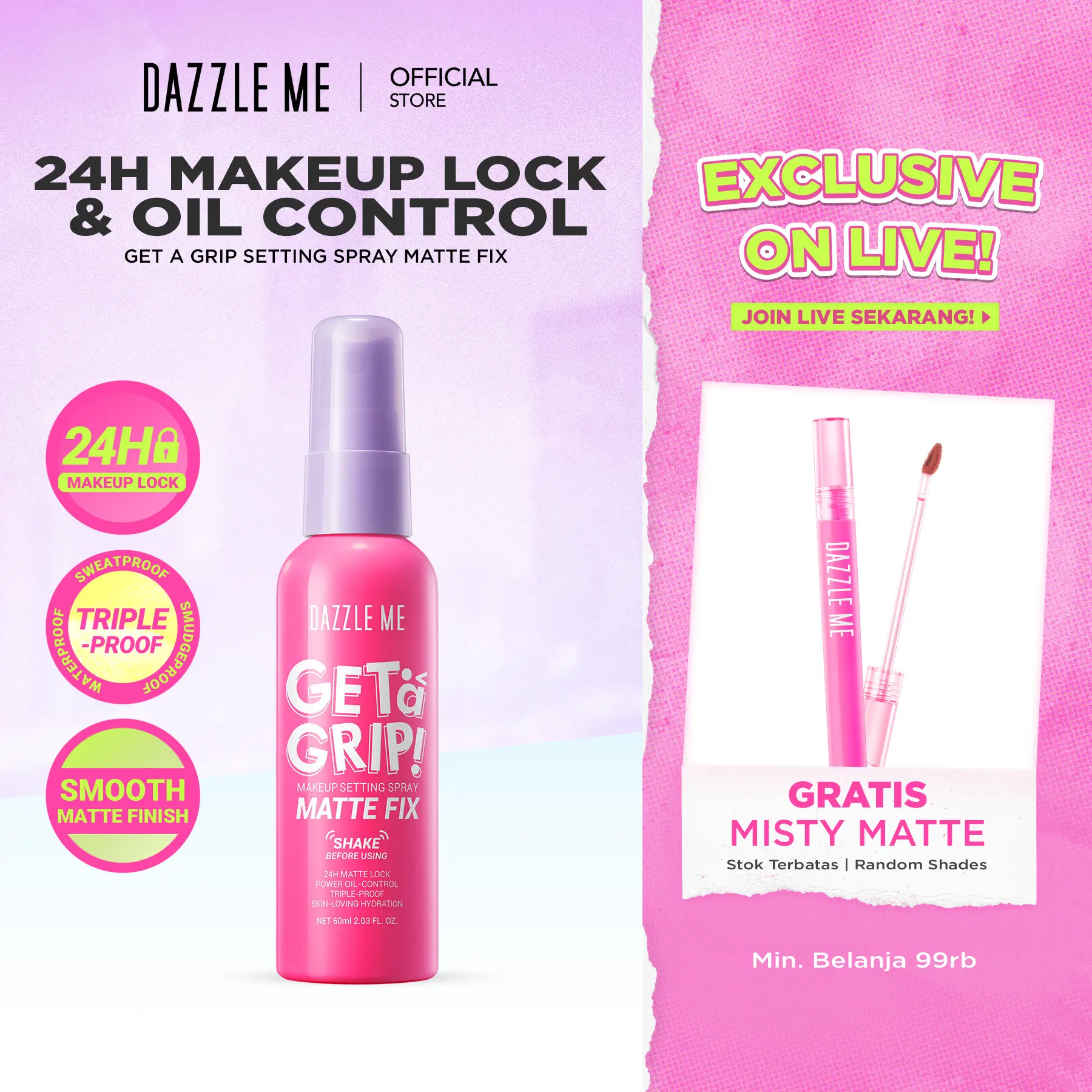 DAZZLE ME Get a Grip! Makeup Setting Spray Matte Fix Smooth Matte Finish Triple-Proof Makeup Lock Oil Control Tahan 24 JAM