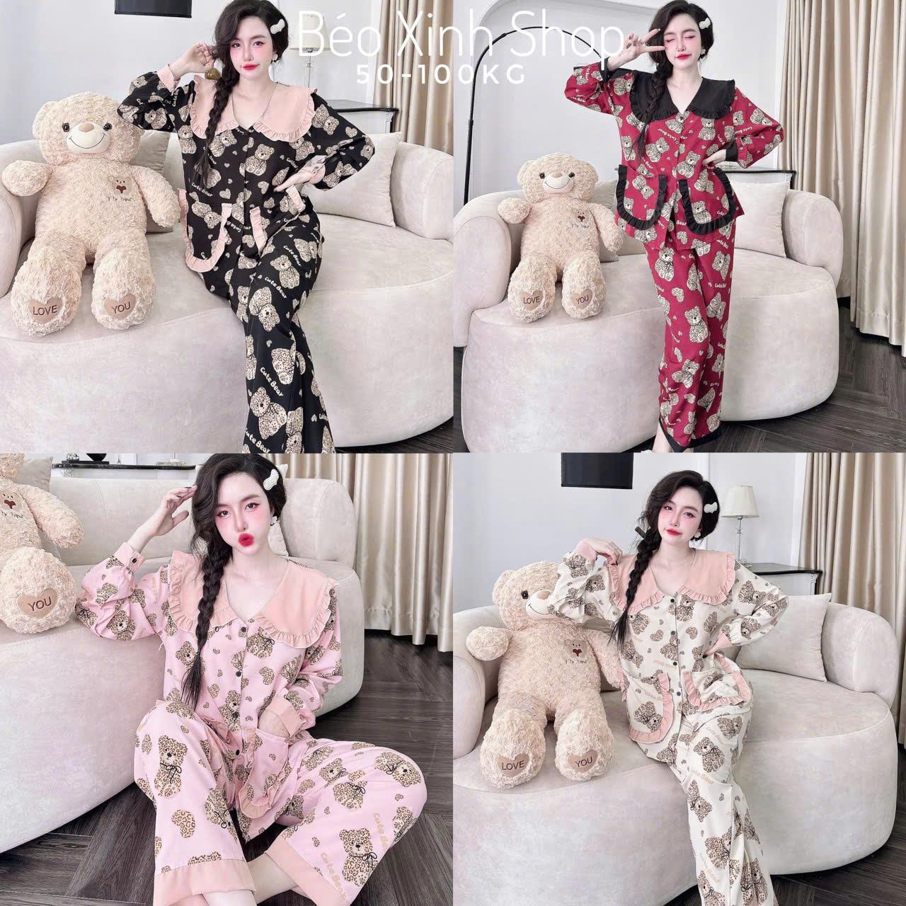 Đồ Bộ - Đồ Ngủ Tay Dài Cổ Sen Viền Pijama Bigsize 50-100kg Vải Lụa Nhật Tiểu Thư Nữ Women Quần Ngủ Thun - A.5656