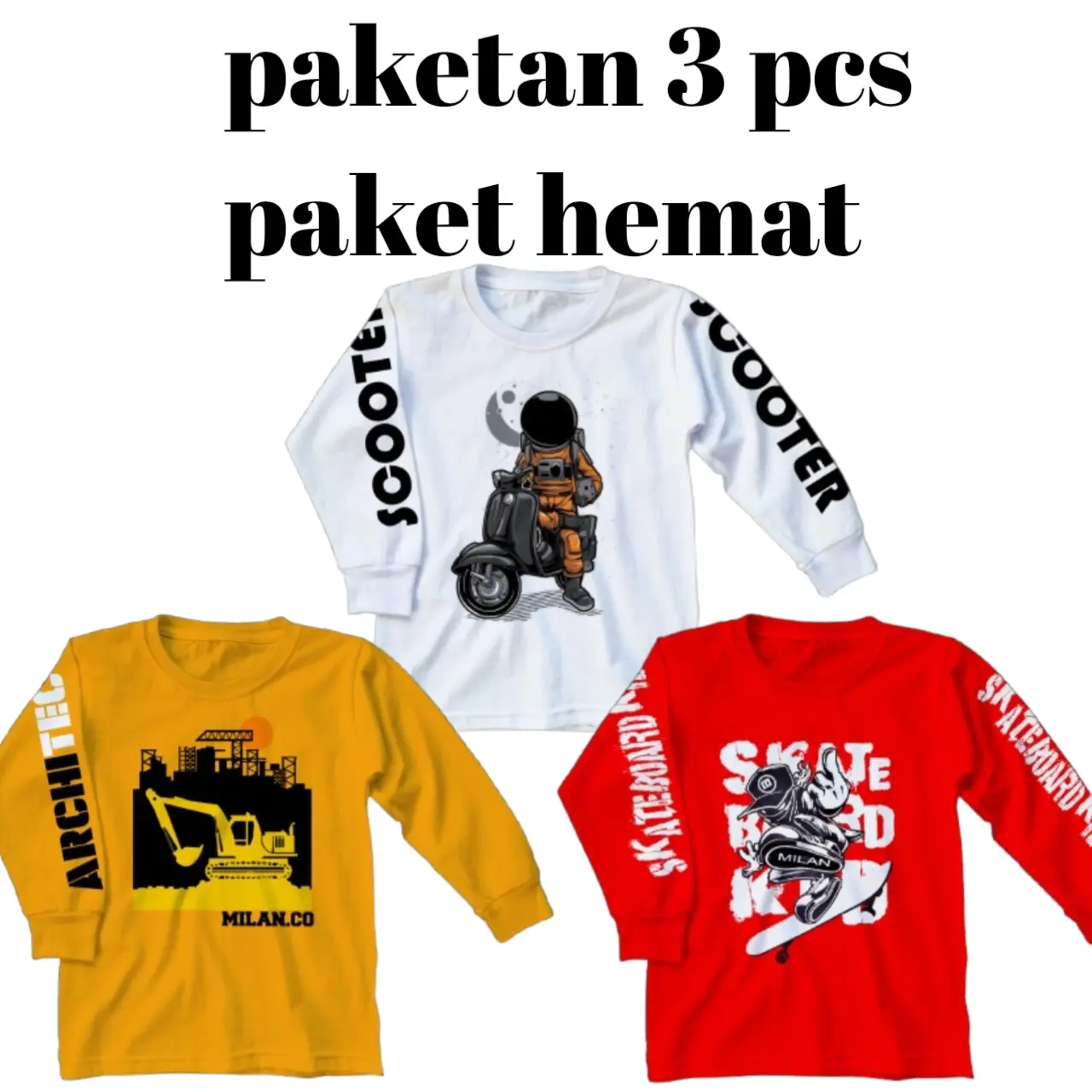 kaos anak paket 3 pcs lengan panjang usia 3,5 / 14 tahun paket hemat kaos anak atasan lengan panjang