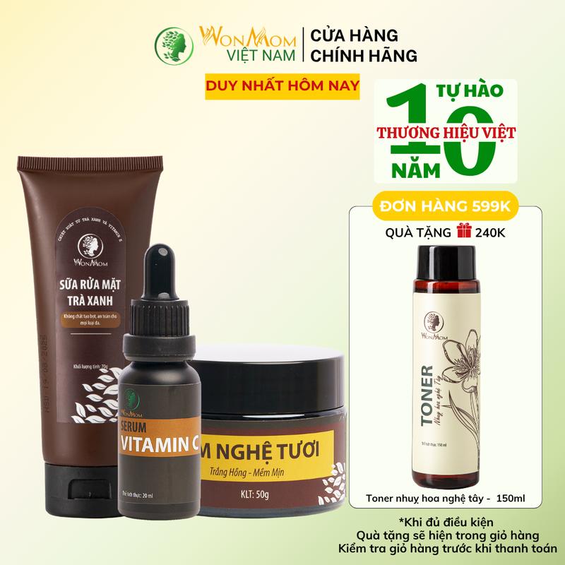 Combo 3 Món Làm Đẹp Da Dưỡng Trắng Hồng Chuyên Sâu Wonmom ( 1 Sữa Rửa Mặt Trà Xanh + 1 Kem Nghệ Tươi + 1 Serum C) Skincare