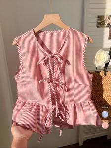 Blusa de mujer a rayas sin mangas con dobladillo con lazo, camisa sencilla para el día a día, ropa casual para uso diario, estilo entallado, top de moda para verano