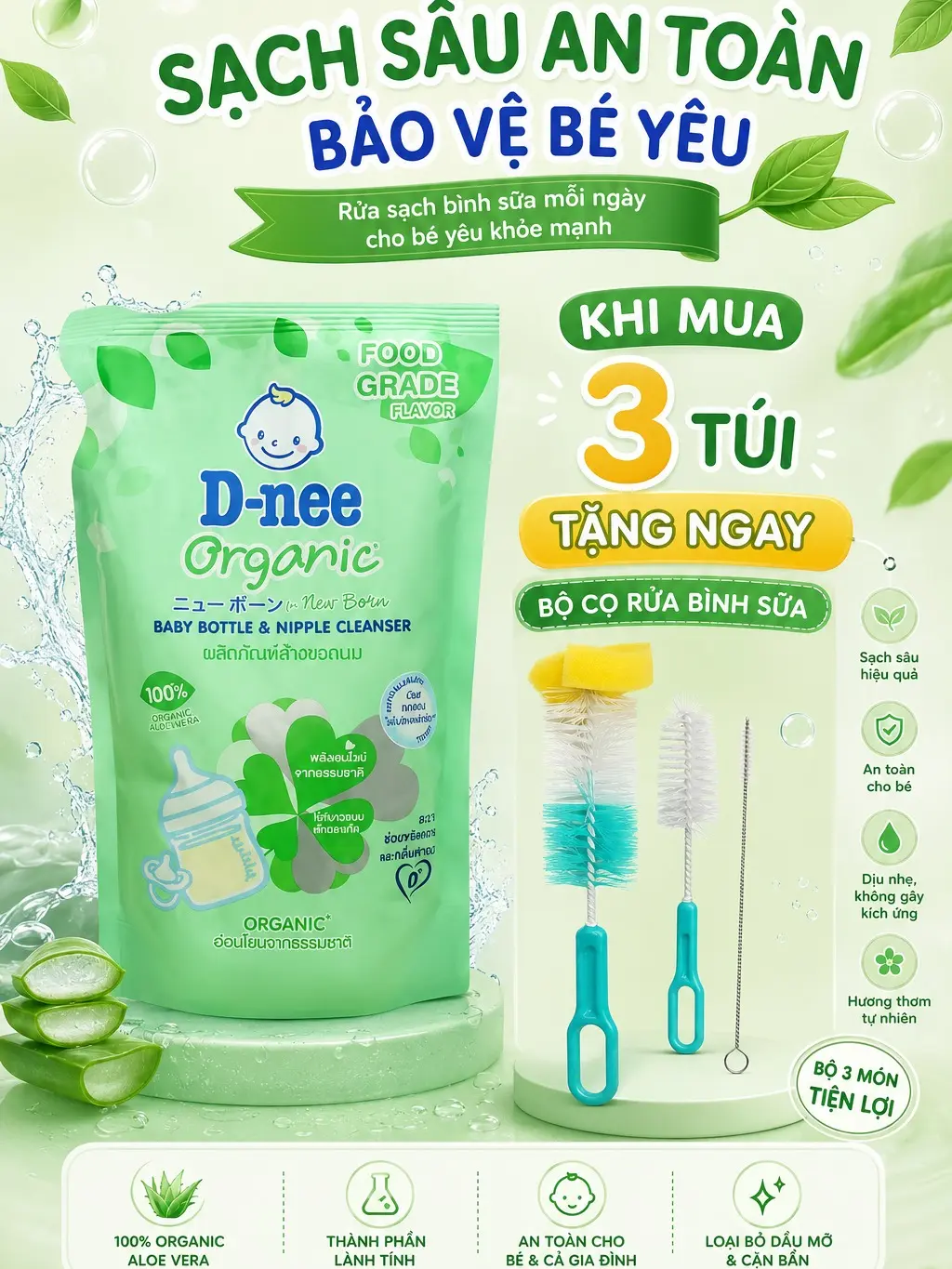 [ COMBO 3 TÚI TẶNG BỘ CỌ 3 MÓN ] Nước rửa bình Dnee Organic -   Hương cam dịu nhẹ