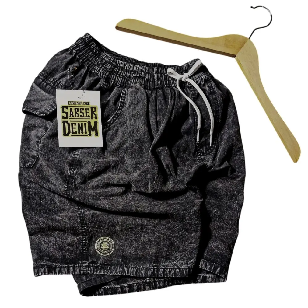 Celana Pendek Pria Boardshort Jeans Snow Wash Hitam Black Series Outfit Celana Shorts Distro Surfing Pantai Santai Nyaman Panjang Lutut Non Stretch