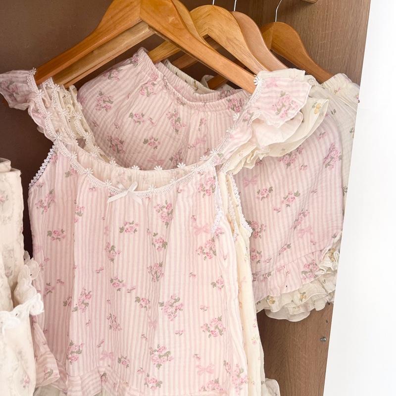 Set Bộ Tiểu Thư Phối Ren Tay Cánh Tiên Cotton Nữ Women Quần Ngủ Viền Ren