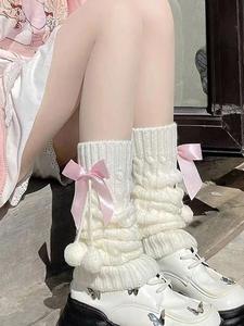 Calentadores de piernas con moño para mujer, accesorios casuales de invierno, diseño acogedor de cadena de bolas, perfectos para el frío, un par
