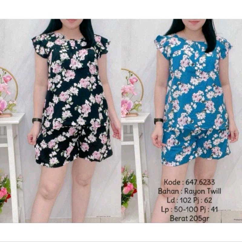 286 Setelan Pendek Canse Kancing Abstrak Corak Bunga Katun Twill Halus Rayon Wanita Baju Motif Cantik 8