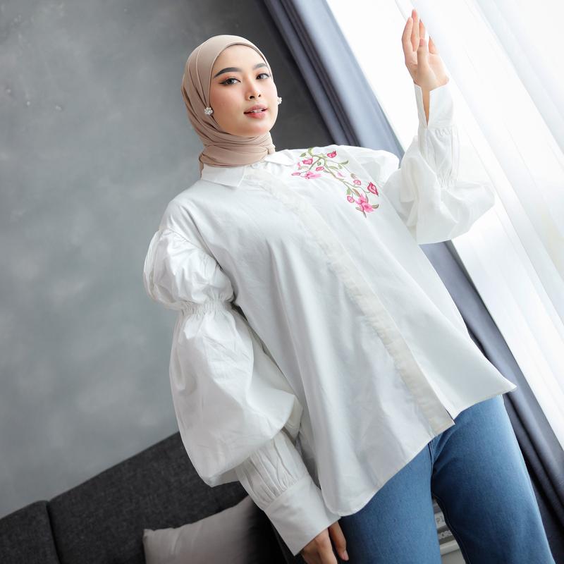 Puffy Blouse Bordir - Blouse Wanita Terbaru - Atasan Wanita Terkini - Kemeja Lengan Balon by EDek Baju Katun Basic embrodery Casual 2