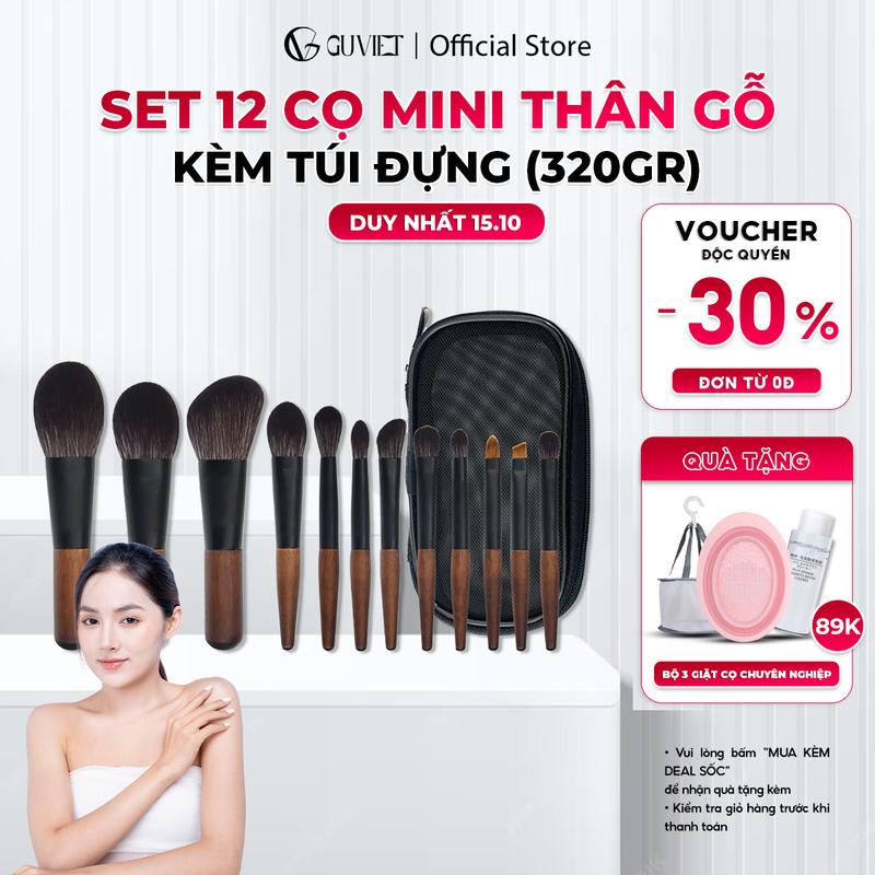 ￼Bộ cọ trang điểm cá nhân GUVIET  Cosmetic  gồm 12 cọ thân gỗ chắc chắn kích cỡ mini kèm theo túi đựng tiện lợi