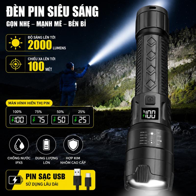 Đèn pin LED mạnh mẽ nhất Đèn pin sạc USB Đèn pin công suất cao Đèn pin đèn lồng…