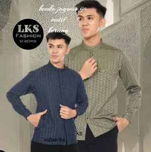 Kemeja koko jaguar tangan panjang atau baju  Koko Muslim pria dewasa cocok buat kalangan muda maupun tua Motif Songket Nyaman di pakai Hitam Kancing Kantong Katun panjang